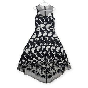 Teri Jon High-Low Floral Lace Gown Black White A-Line Dress Size 6